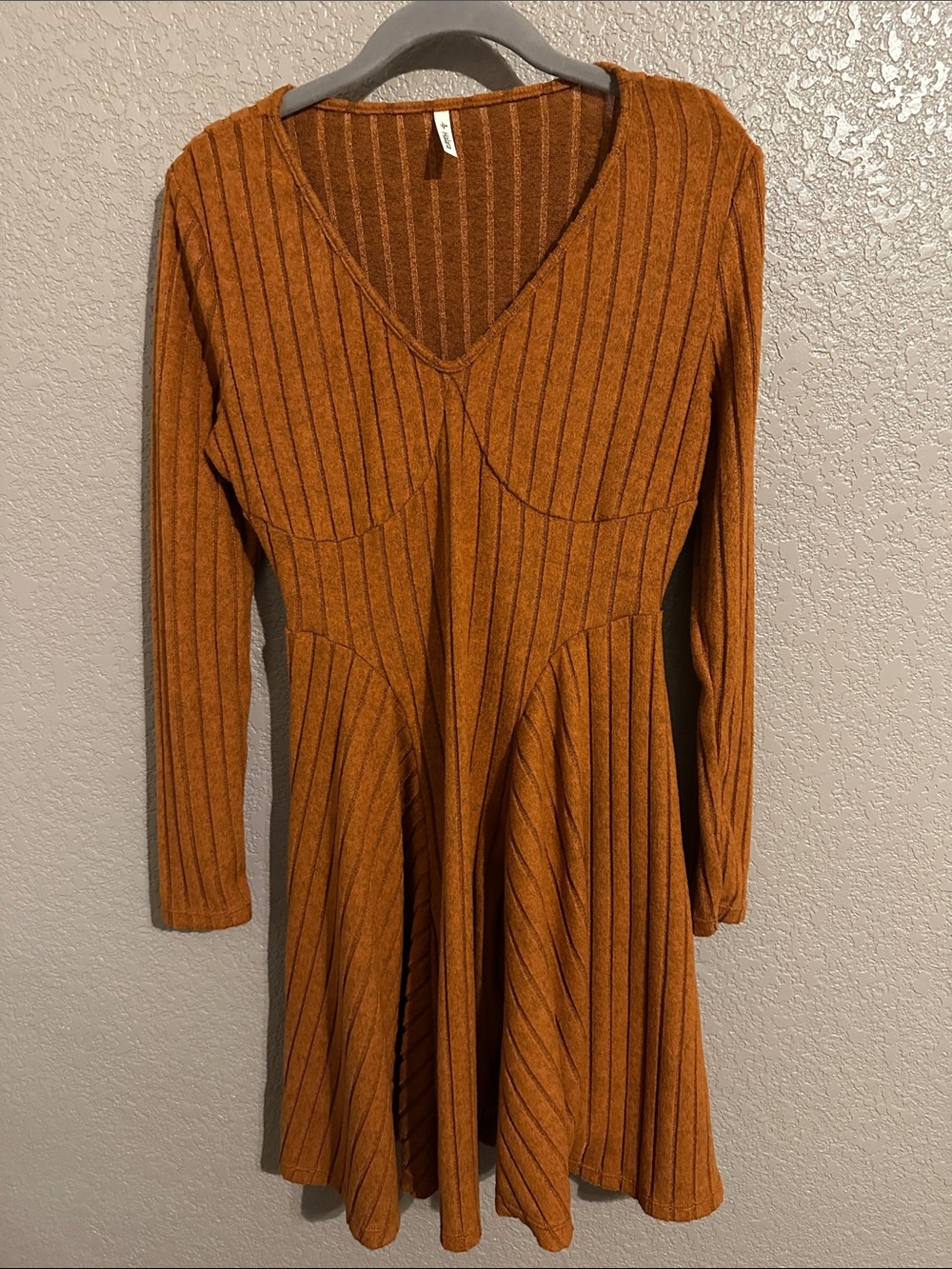 HALARA Ribbed Long-Sleeve V-Neck Fit & Flare Dress — Rust